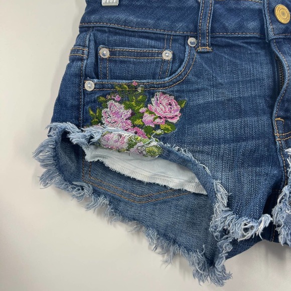 American Eagle Stretch Denim Fringe Cutoff Shorts Embroidered Floral Women's 00 - Picture 6 of 12